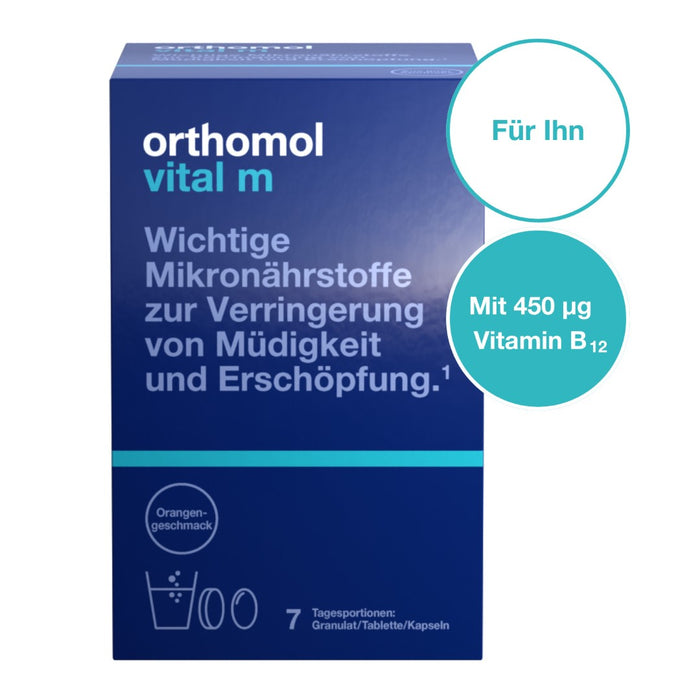 Orthomol Vital m für Männer - bei Müdigkeit - mit B-Vitaminen und Omega-3-Fettsäuren - Orangen-Geschmack - Granulat/Tabletten/Kapseln, 7 pcs. Daily portions
