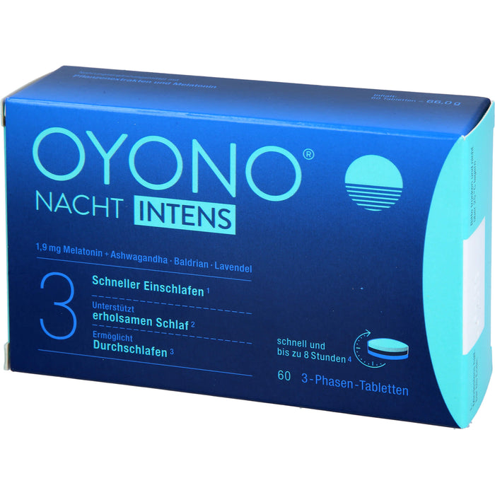 OYONO Nacht Intens 3-Phasen-Tabletten mit 1,9 mg Melatonin, Ashwagandha, Baldrian und Lavendel, 60 pcs. Tablets