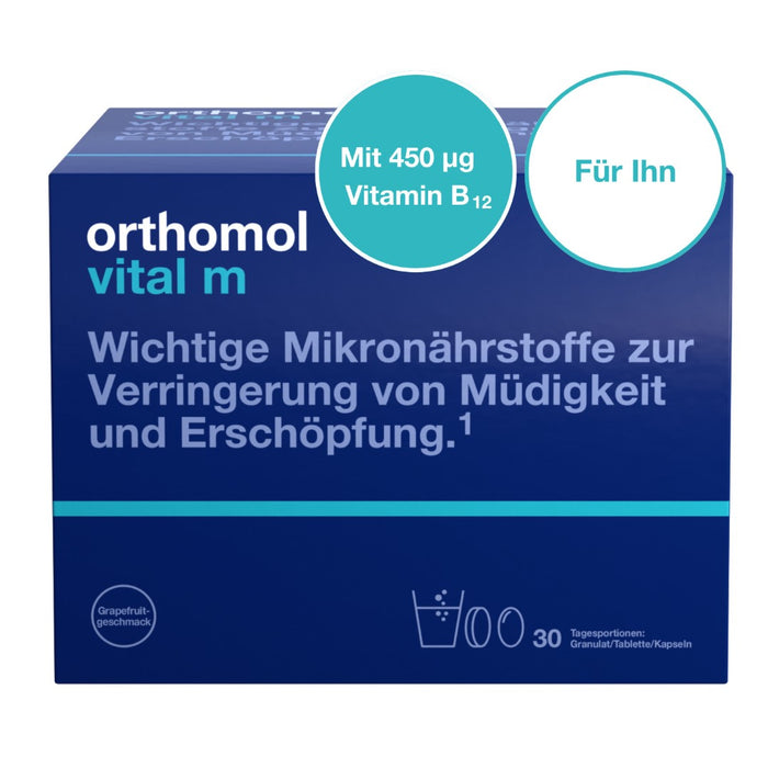 Orthomol Vital m für Männer - bei Müdigkeit - mit B-Vitaminen und Omega-3-Fettsäuren - Grapefruit-Geschmack - Granulat/Tabletten/Kapseln, 30 pcs. Daily portions