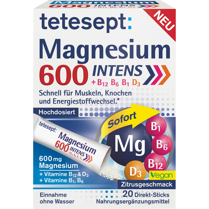 Tetesept Magnesium 600 Intens Direktgranulat für Muskeln, Knochen und Energiestoffwechsel, 20 St. Sticks