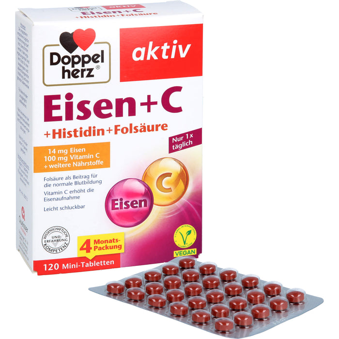 Doppelherz aktiv Eisen + C + Histidin + Folsäure Mini-Tabletten für die normale Blutbildung, 120 pc Tablettes