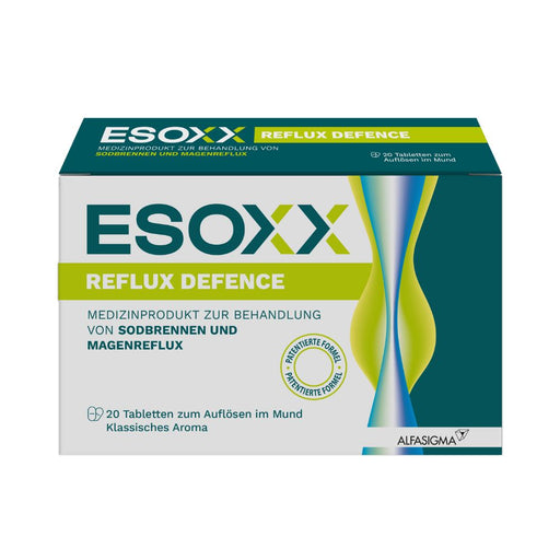 ESOXX Defence - Schnelle Hilfe bei Sodbrennen & Reflux, schützt Speiseröhre und Magen - mit Hyaluronsäure, Chondroitinsulfat & Magnesiumtrisilikat - glutenfrei & laktosefrei, 20 St. Tabletten