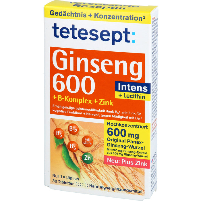 Tetesept Ginseng 600 Intens + B-Komplex + Zink Tabletten, 30 pc Tablettes