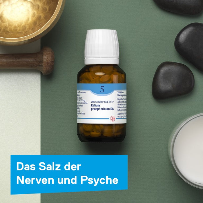 DHU Schüßler-Salz Nr. 5 Kalium phosphoricum D6 – Das Mineralsalz der Nerven und Psyche – das Original – umweltfreundlich im Arzneiglas, 200 pc Tablettes