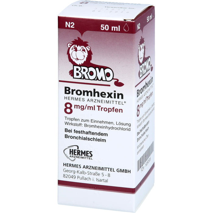 HERMES ARZNEIMITTEL Bromhexin 8 mg/ml Tropfen bei festhaftendem Bronchialschleim, 50 ml Lösung