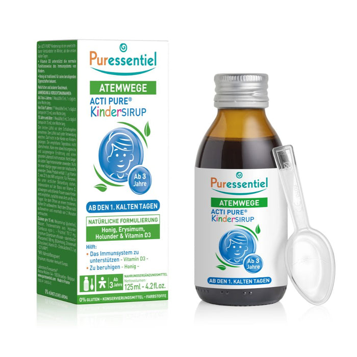 Puressentiel Acti Pure Kindersirup mit schwarzem Holunder und Vitamin D – unterstützt natürliche Abwehrkräfte, 125 ml Saft