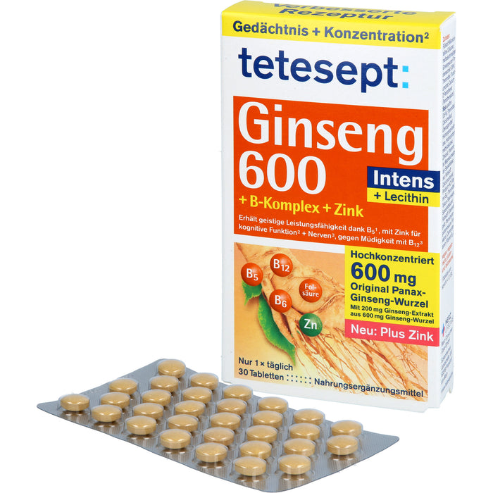 Tetesept Ginseng 600 Intens + B-Komplex + Zink Tabletten, 30 pc Tablettes