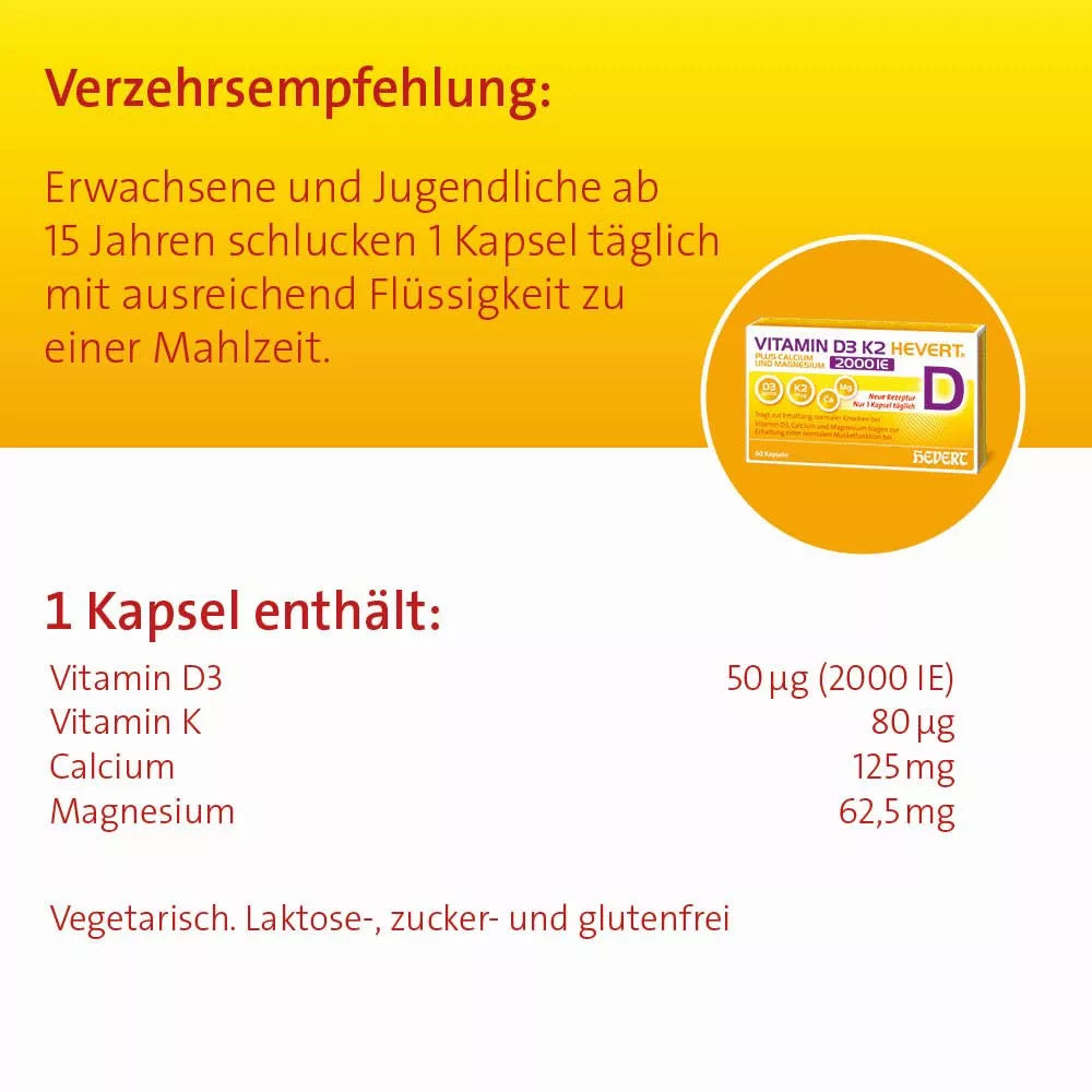 Vitamin D3 K2 Hevert plus Calcium und Magnesium 2000 IE, 60 St., 60 St. Kapseln