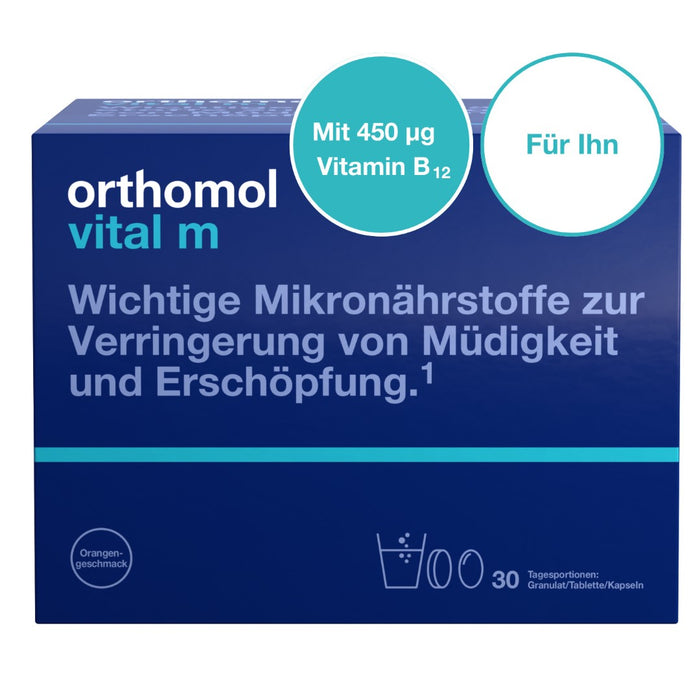 Orthomol Vital m für Männer - bei Müdigkeit - mit B-Vitaminen und Omega-3-Fettsäuren - Orangen-Geschmack - Granulat/Tabletten/Kapseln, 30 St. Tagesportionen