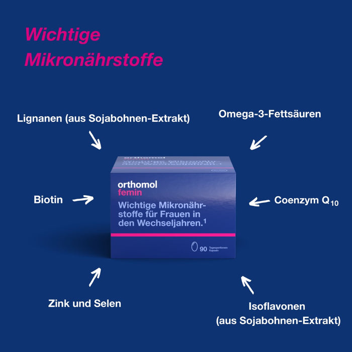 Orthomol Femin - Mikronährstoffe für Frauen in den Wechseljahren - mit Biotin, Selen, Zink, Nachtkerzenöl, Coenzym Q10, 90 St. Tagesportionen