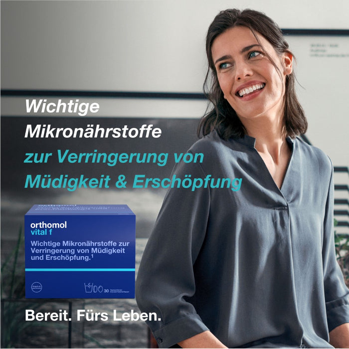 Orthomol Vital f für Frauen - bei Müdigkeit - mit B-Vitaminen, Omega-3-Fettsäuren, Magnesium - Grapefruit-Geschmack - Granulat/Tabletten/Kapseln, 30 St. Tagesportionen