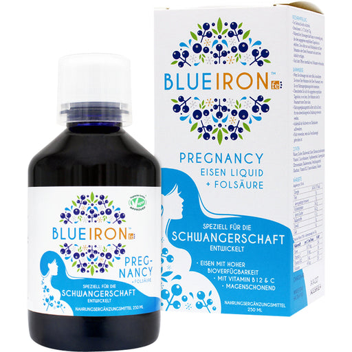 BLUEIRON Pregnancy Eisen Liquid + Folsäure speziell für die Schwangerschaft, 250 ml Lösung