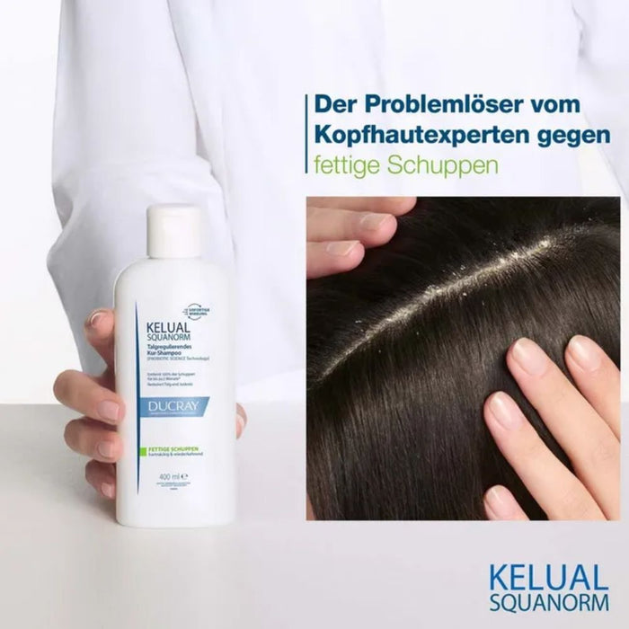 DUCRAY Kelual Squanorm talgreduzierendes Kur-Shampoo bei fettigen Schuppen, 400 ml Shampoo