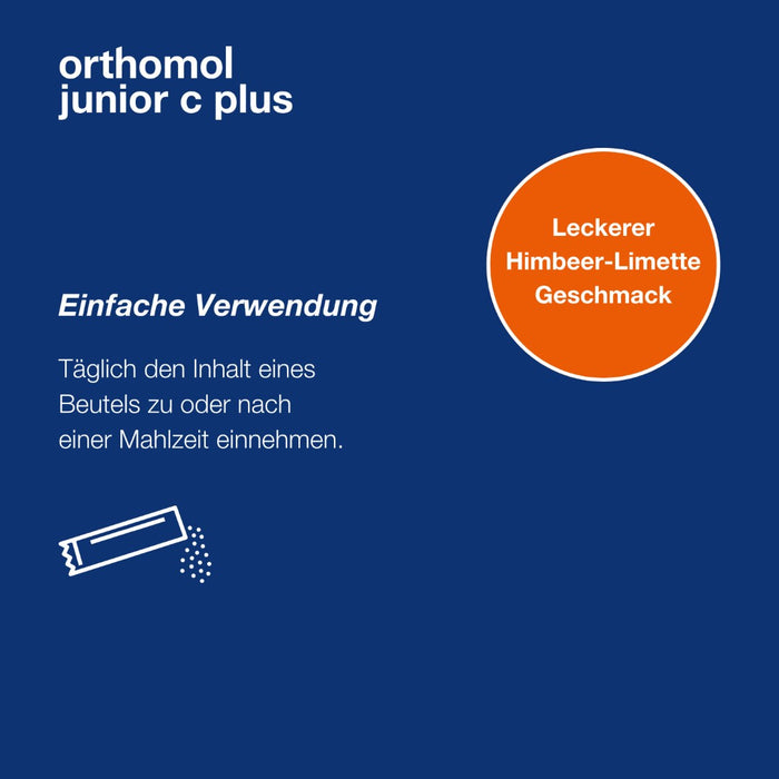 Orthomol junior C plus - mit Vitamin C als Beitrag zu einer normalen Funktion des Immunsystems - Himbeer/Limetten-Geschmack, 30 St. Tagesportionen