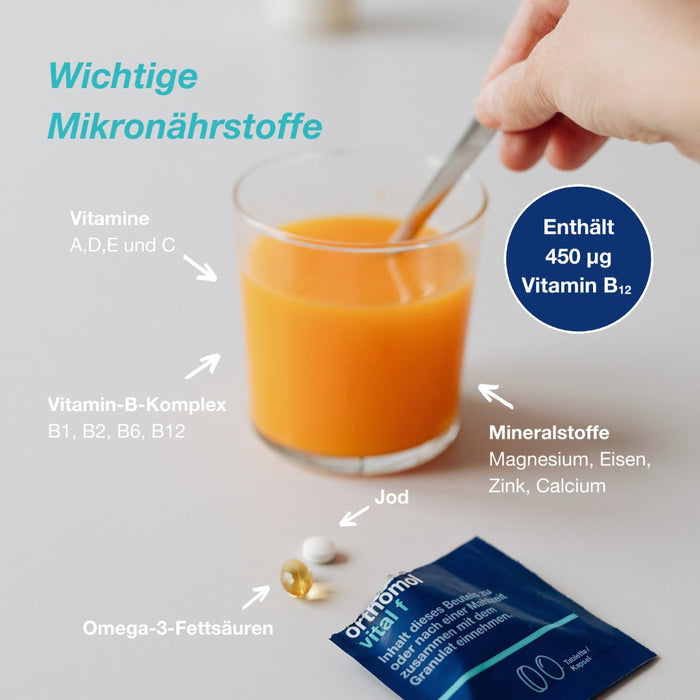 Orthomol Vital f für Frauen - bei Müdigkeit - mit B-Vitaminen, Omega-3-Fettsäuren, Magnesium - Grapefruit-Geschmack - Granulat/Tabletten/Kapseln, 30 St. Tagesportionen