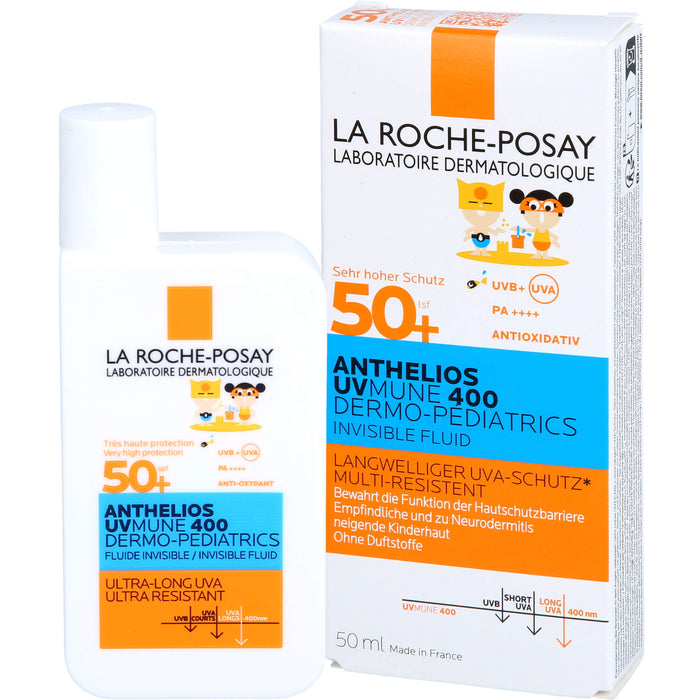 La Roche-Posay Anthelios UV MUNE 400 Dermo-Pediatrics Invisible Fluid LSF 50+ für die empfindliche, zu Neurodermitis neigende Kinderhaut, 50 ml Lösung