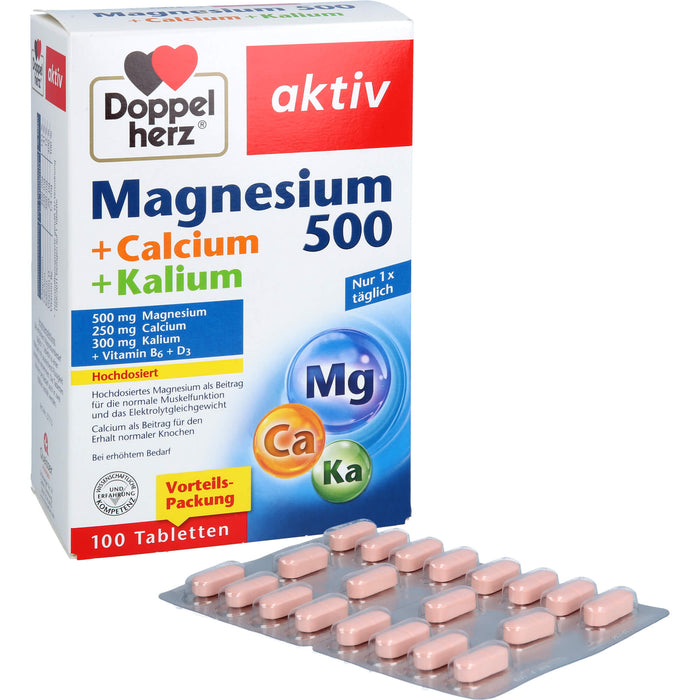 Doppelherz aktiv Magnesium 500 + Calcium + Kalium Tabletten für die Muskelfunktion, 100 pcs. Tablets
