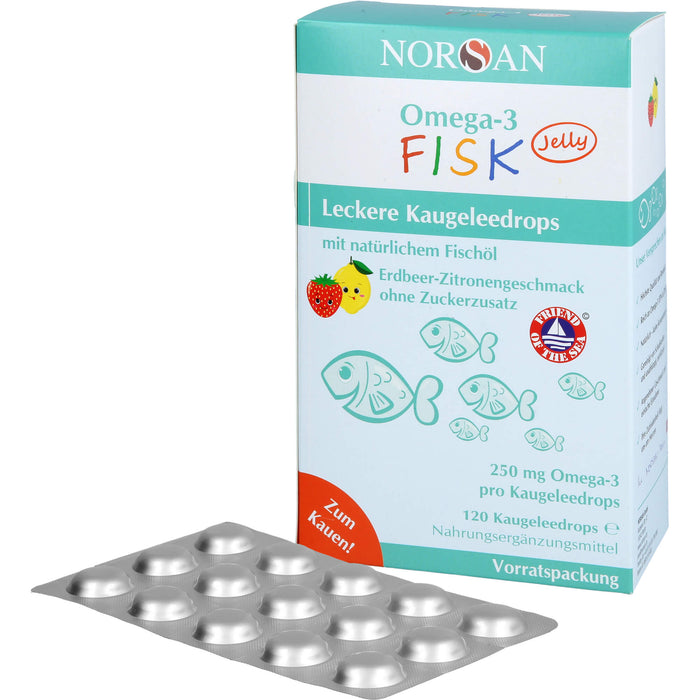 NORSAN Omega-3 FISK Jelly - für Kinder leckere Kaugeleedrops mit Erdbeer-Zitronengeschmack, 120 pcs. Gum drops