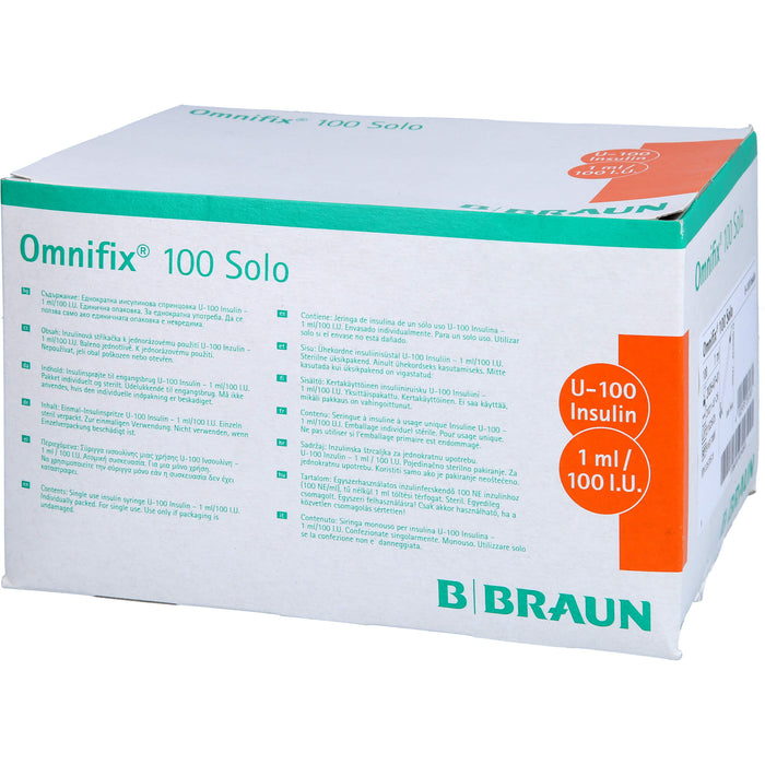 Omnifix 100 Solo Einmal-Insulinspritze für U-100-Insulin ohne Kanüle zur subkutanen Insulininjektion, 100 pc Seringues