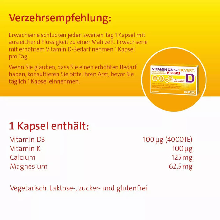 Vitamin D3 K2 Hevert® plus Calcium und Magnesium 4000 IE, 60 St., 60 pcs. Capsules