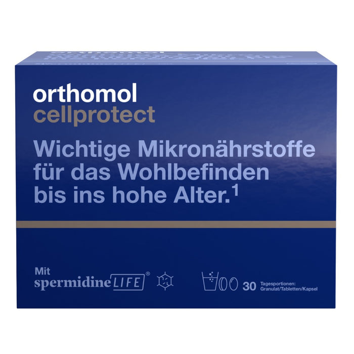 Orthomol Cellprotect - für das Wohlbefinden bis ins hohe Alter - mit Spermidin, Coenzym Q10 und Polyphenole - Granulat/Tabletten/Kapsel, 30 g Tagesportionen