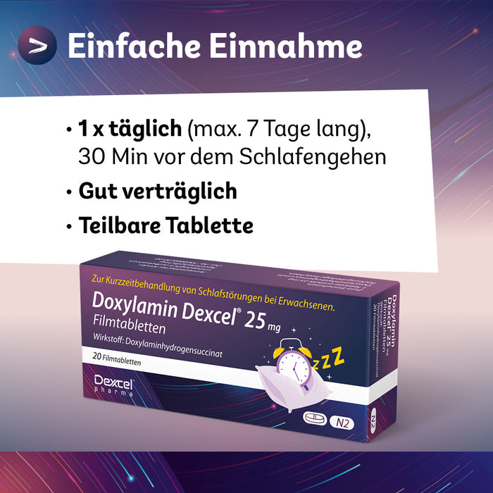 Doxylamin Dexcel 25 mg zur Kurzzeitbehandlung von Schlafstörungen bei Erwachsenen, 20 pcs. Tablets