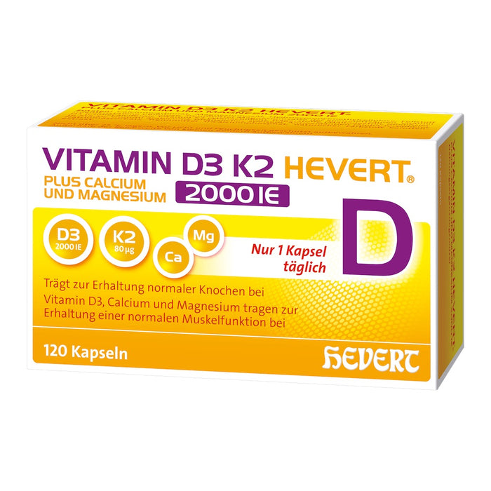 Vitamin D3 K2 Hevert plus Calcium und Magnesium 2000 IE  –  die 4-fach Kombi für gesunde Knochen und Muskeln, 120 St. Kapseln