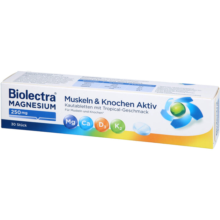 Biolectra Magnesium 250 mg Muskeln & Knochen Aktiv Kautabletten mit Tropical-Geschmack, 30 pc 