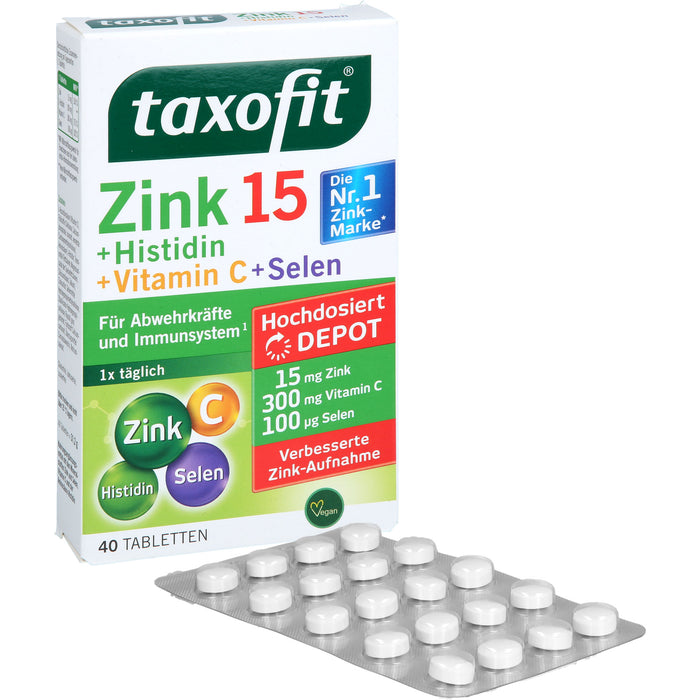 Taxofit Zink + Histidin + Vitamin C + Selen Depot Tabletten für Abwehrkräfte und Immunsystem, 40 pc Tablettes