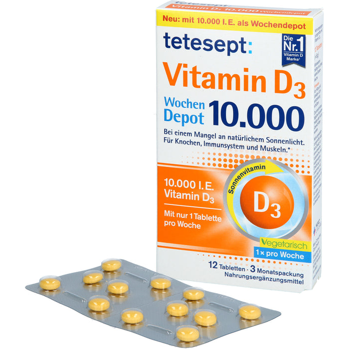 Tetesept Vitamin D3 10.000 I.E. Wochendepot Tabletten für Knochen, Immunsystem und Muskeln, 12 pcs. Tablets