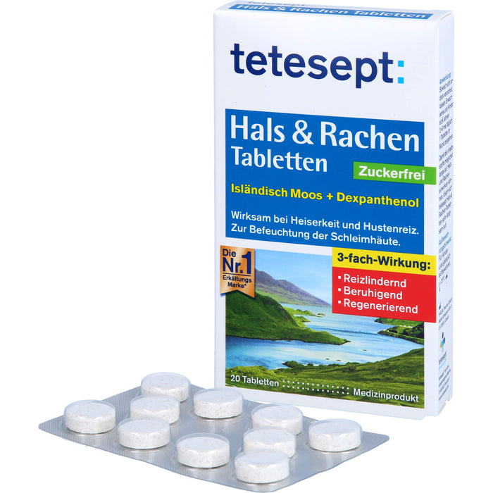 Tetesept Hals & Rachen Tabletten zuckerfrei zur Befeuchtung der Schleimhäute, 20 pc Tablettes