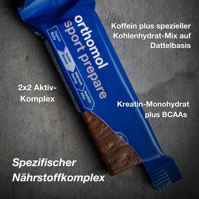 Orthomol Sport prepare - Fruchtriegel mit Kreatin, Koffein und BCAAs - Einnahme vor dem Training - Schoko-Mandel-Dattel-Geschmack, 1 pcs. Bar