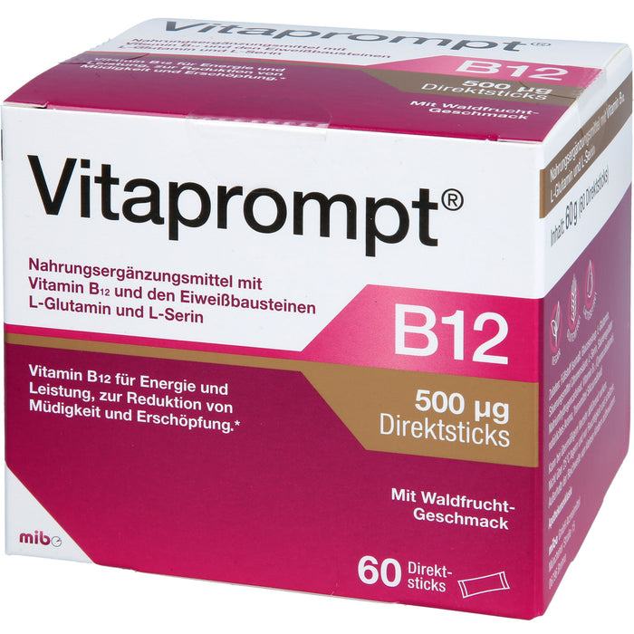 Vitaprompt B12 500 μg Direktsticks mit Waldfrucht-Geschmack zur Reduktion von Müdigkeit und Erschöpfung, 60 pcs. Sticks