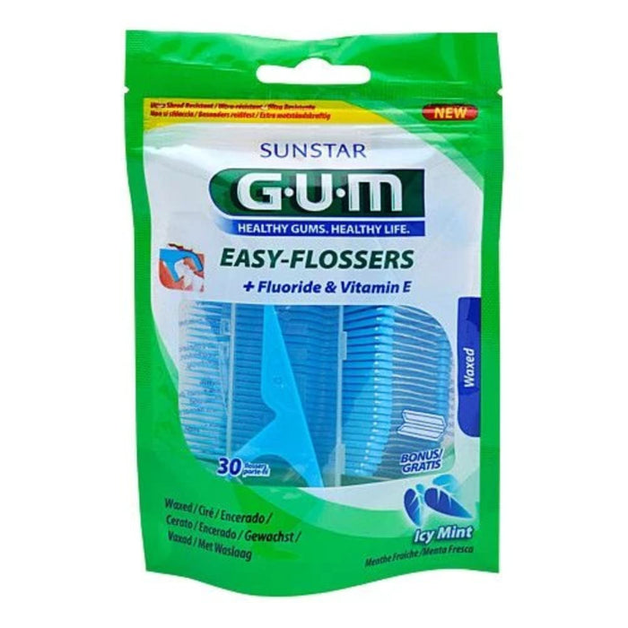 GUM Easy-Flossers + Fluorid & Vitamin E Zahnseide gewachst mit Griff, 30 St. Zahnseide