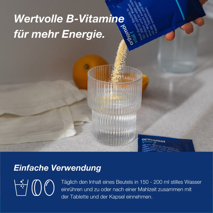 Orthomol Vital f für Frauen - bei Müdigkeit - mit B-Vitaminen, Omega-3-Fettsäuren und Magnesium - Orangen-Geschmack - Granulat/Tabletten/Kapseln, 30 pc Portions quotidiennes