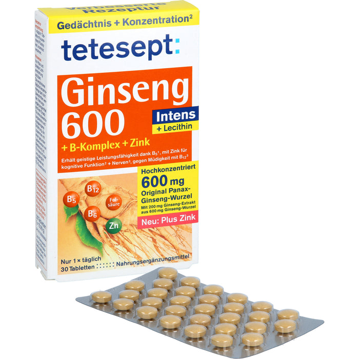 Tetesept Ginseng 600 Intens + B-Komplex + Zink Tabletten, 30 pc Tablettes