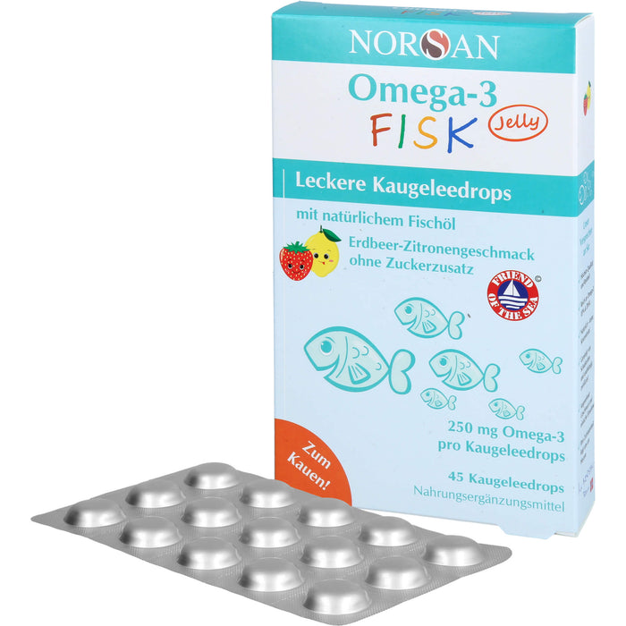 NORSAN Omega-3 FISK Jelly - für Kinder leckere Kaugeleedrops mit Erdbeer-Zitronengeschmack, 45 pc Bonbons de gomme