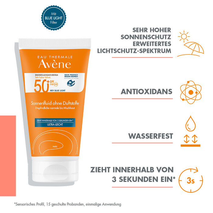 Avène Sonnenfluid ohne Duftstoffe SPF 50+ ultra leicht für empfindliche Haut, 50 ml 