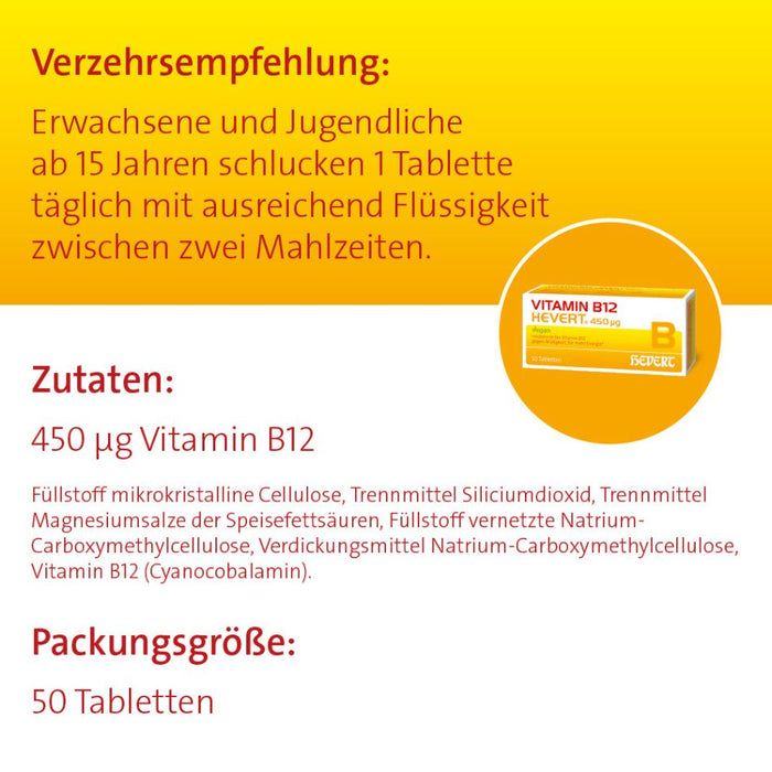 Vitamin B12 Hevert 450 µg für mehr Energie, gegen Müdigkeit und Erschöpfung, 50 pcs. Tablets