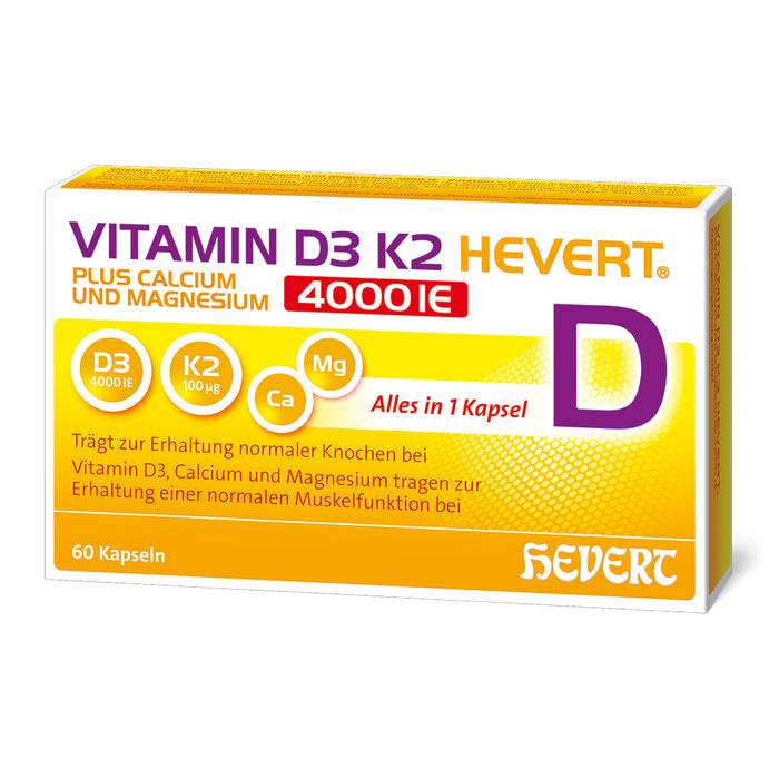 Vitamin D3 K2 Hevert  plus Calcium und Magnesium 4000 IE, 60 St., 60 St. Kapseln