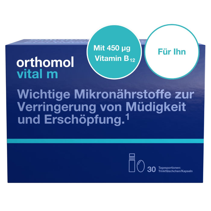 Orthomol Vital m für Männer - bei Müdigkeit - mit B-Vitaminen, Omega-3-Fettsäuren und Magnesium - Orangen-Geschmack - Trinkampullen/Kapseln, 30 pc Portions quotidiennes