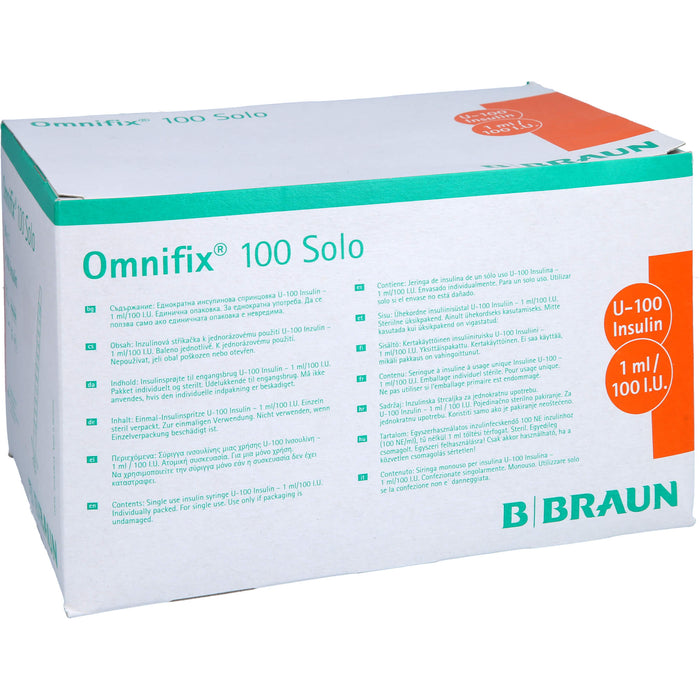 Omnifix 100 Solo Einmal-Insulinspritze für U-100-Insulin ohne Kanüle zur subkutanen Insulininjektion, 100 pc Seringues
