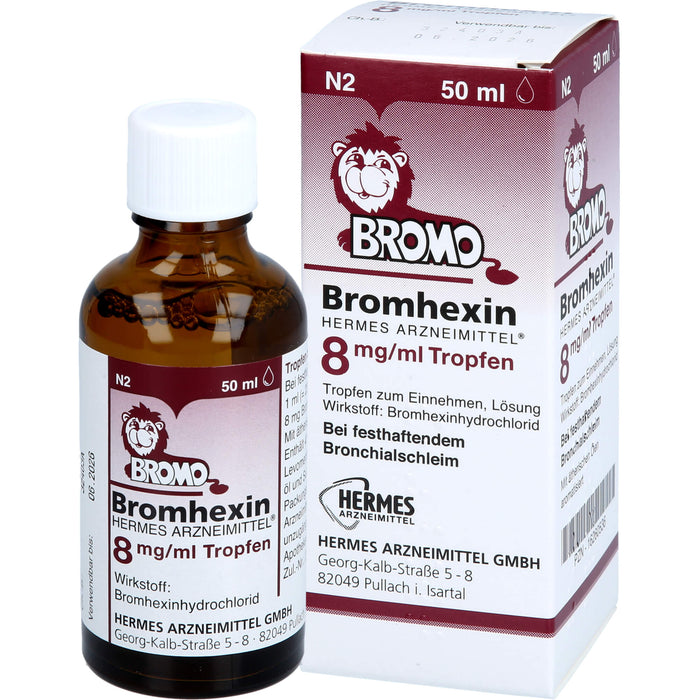 HERMES ARZNEIMITTEL Bromhexin 8 mg/ml Tropfen bei festhaftendem Bronchialschleim, 50 ml Lösung