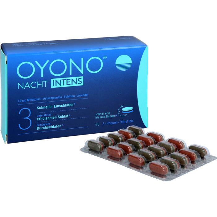 OYONO Nacht Intens 3-Phasen-Tabletten mit 1,9 mg Melatonin, Ashwagandha, Baldrian und Lavendel, 60 pcs. Tablets