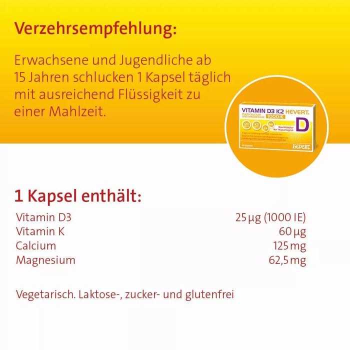 Vitamin D3 K2 Hevert plus Calcium und Magnesium 1.000 I.E. mit 4-fach Osteo-Formel für gesunde Knochen und Muskeln, 120 pc Capsules