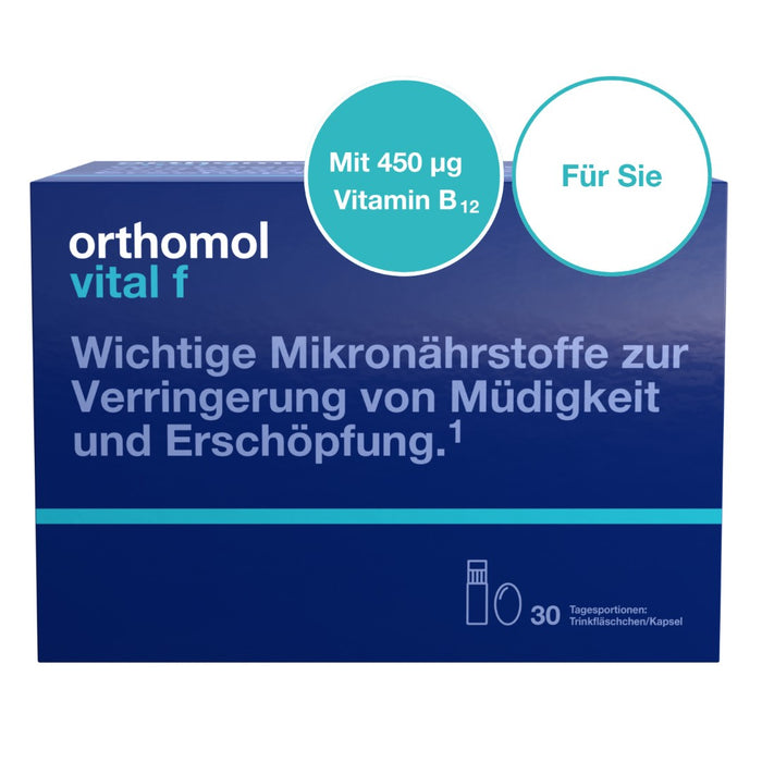 Orthomol Vital f - Mikronährstoffe für Frauen - bei Müdigkeit und Erschöpfung - mit B-Vitaminen, Omega-3-Fettsäuren und Magnesium - Trinkampullen/Kapseln, 30 pc Portions quotidiennes