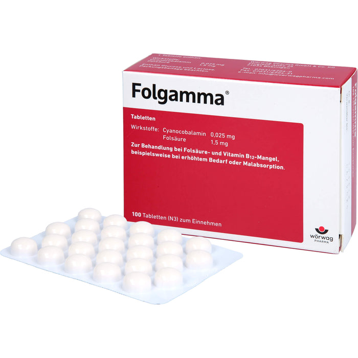 Folgamma Tabletten bei Folsäure- und Vitamin B12-Mangel, 100 pc Tablettes