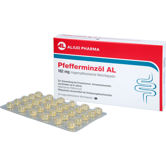 Pfefferminzöl AL 182 mg Weichkapseln bei Bauchkrämpfen, Bauchschmerzen und Blähungen, 30 pcs. Capsules