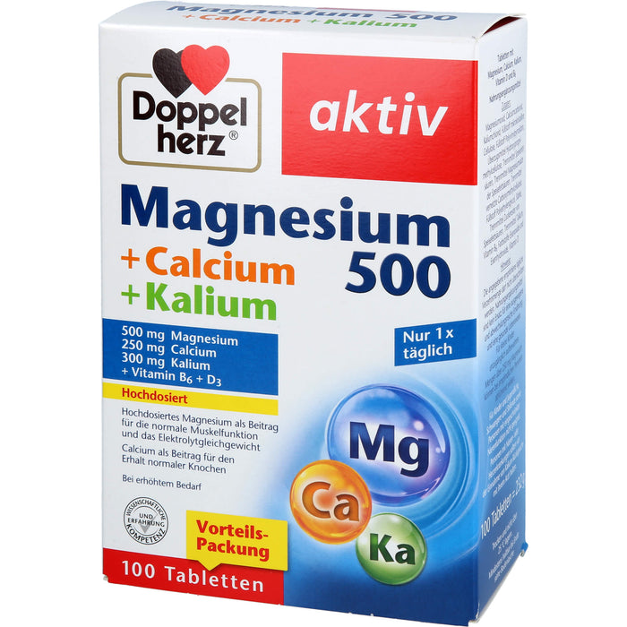 Doppelherz aktiv Magnesium 500 + Calcium + Kalium Tabletten für die Muskelfunktion, 100 pcs. Tablets