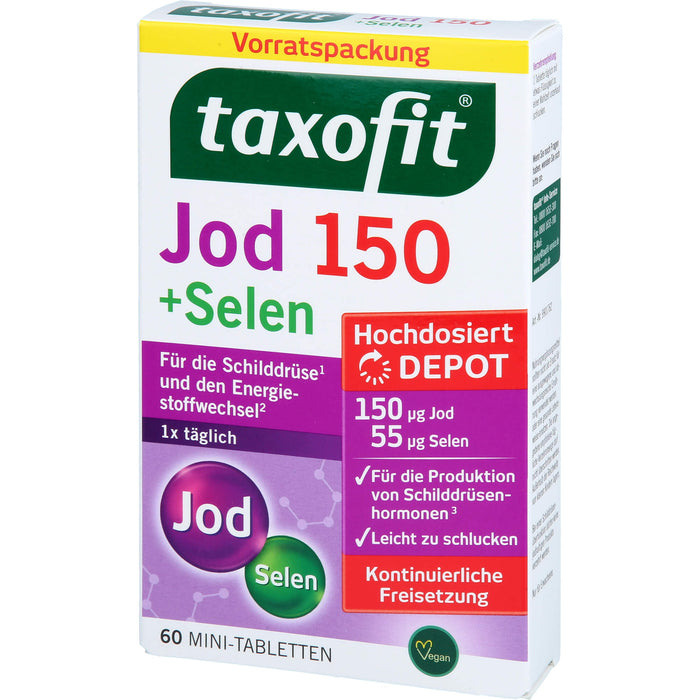 Taxofit Jod 150 + Selen Mini-Tabletten für die Schliddrüse und den Energiestoffwechsel, 60 pcs. Tablets